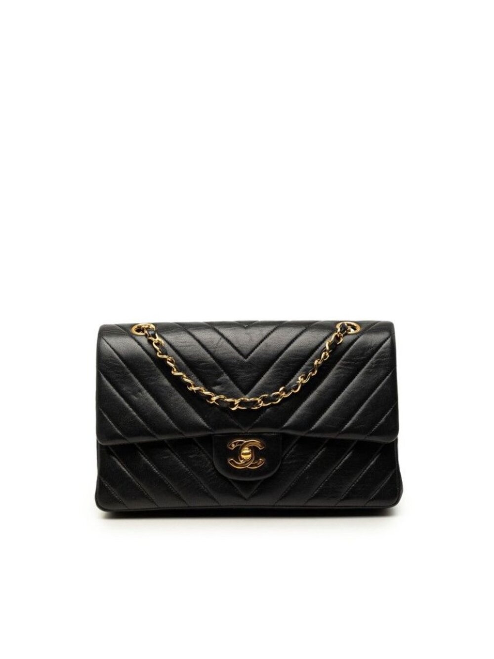 Chanel Chevron V-stitch CC Logo Double Flap Chain Shoulder Bag Black Lambskin